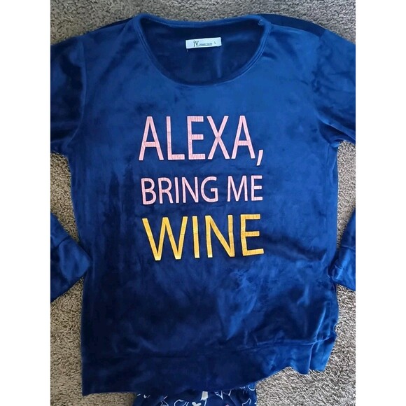 Joan Vass Velour Pajama Set Sz Large Blue Alexa Bring Me Wine 2 Piece Wine Heart - Picture 3 of 5